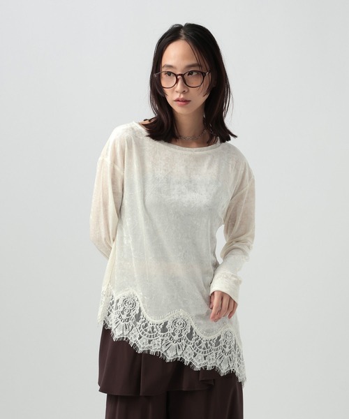 BAYFLOW（ベイフロー）の「レースコンビシアーベロアロングスリーブ（Tシャツ/カットソー・レディース・ラベンダー/ブラウン/オフホワイト・FREE）」の4枚目の写真