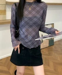 チェック柄シアータートルメロートップス