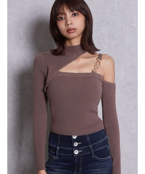 GYDA（ジェイダ）の「ワンショルSymmetry GYDA chainショートニットトップス（ニット/セーター・レディース・ブラウン/オフホワイト/ブルー/ブラック・FREE）」の3枚目の写真