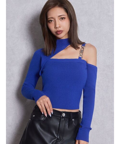 GYDA（ジェイダ）の「ワンショルSymmetry GYDA chainショートニットトップス（ニット/セーター・レディース・ブラウン/オフホワイト/ブルー/ブラック・FREE）」の4枚目の写真