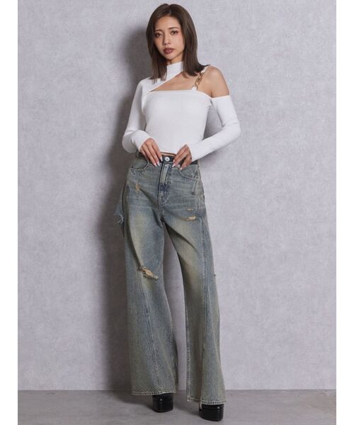 GYDA（ジェイダ）の「ワンショルSymmetry GYDA chainショートニットトップス（ニット/セーター・レディース・ブラウン/オフホワイト/ブルー/ブラック・FREE）」の18枚目の写真