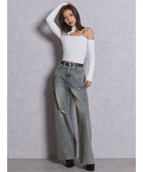 GYDA（ジェイダ）の「ワンショルSymmetry GYDA chainショートニットトップス（ニット/セーター・レディース・ブラウン/オフホワイト/ブルー/ブラック・FREE）」の19枚目の写真