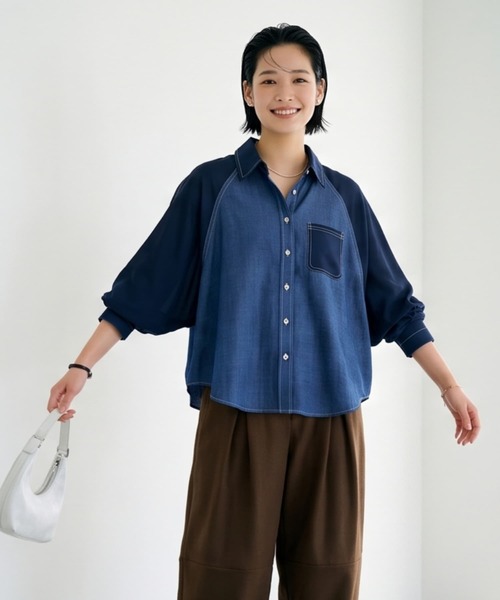 On One's Own(オンワンズオン)の「シフォンワイドスリーブ異素材ブラウス 長袖(シャツ/ブラウス・レディース・ネイビー/ブラック・M)」の1枚目の写真