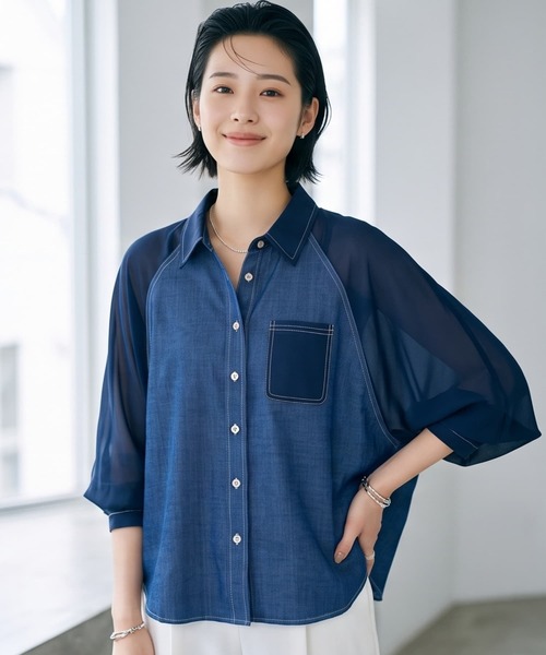 On One's Own(オンワンズオン)の「シフォンワイドスリーブ異素材ブラウス 長袖(シャツ/ブラウス・レディース・ネイビー/ブラック・M)」の8枚目の写真