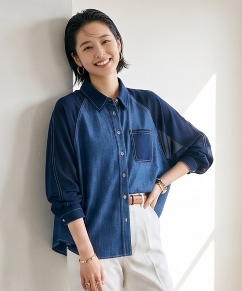 On One's Own(オンワンズオン)の「シフォンワイドスリーブ異素材ブラウス 長袖(シャツ/ブラウス・レディース・ネイビー/ブラック・M)」の9枚目の写真