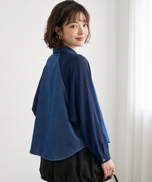 On One's Own(オンワンズオン)の「シフォンワイドスリーブ異素材ブラウス 長袖(シャツ/ブラウス・レディース・ネイビー/ブラック・M)」の7枚目の写真