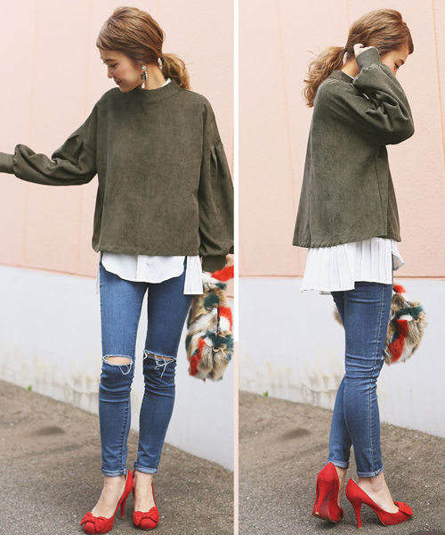 select MOCA（セレクトモカ）の「ジャガードボリュームバルーンスリーブプチハイネック後ろボタンボックスシルエット長袖ブラウス（Tシャツ/カットソー・レディース・ブラック/カーキ/キャメル・FREE）」の10枚目の写真