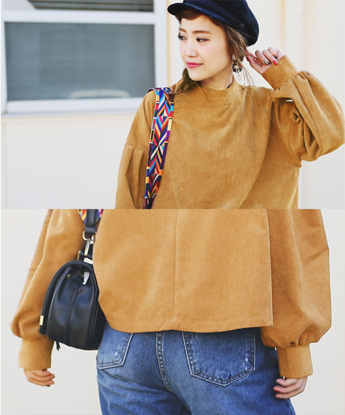 select MOCA（セレクトモカ）の「ジャガードボリュームバルーンスリーブプチハイネック後ろボタンボックスシルエット長袖ブラウス（Tシャツ/カットソー・レディース・ブラック/カーキ/キャメル・FREE）」の16枚目の写真