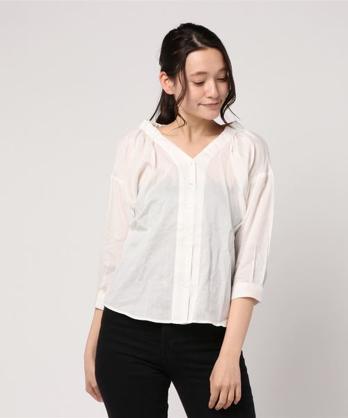 koe（コエ）の「ストライプ前釦ブラウス（シャツ/ブラウス・レディース・オフホワイト/パープル・L/M/S）」の2枚目の写真