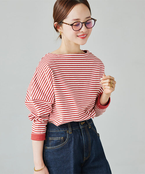 ボーダー柄or無地コットン100％ヘビーウェイトカットソーボートネック