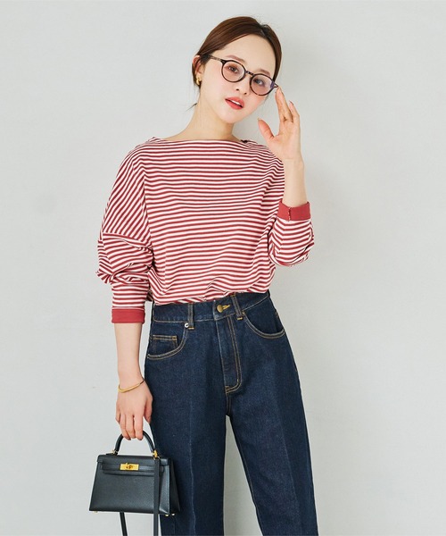 ボーダー柄or無地コットン100％ヘビーウェイトカットソーボートネック