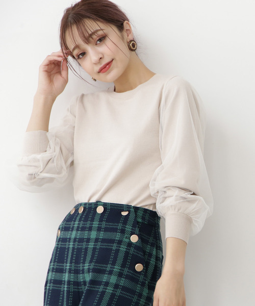 N.（N. Natural Beauty Basic）（エヌエヌナチュラルビューティーベーシック）の「チュールスリーブニット（ニット/セーター・レディース・ホワイト/ブラック/パープル・MEDIUM）」の2枚目の写真