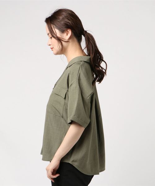 DISCOAT（ディスコート）の「リネンタッチ両ポケ開襟シャツ（シャツ/ブラウス・レディース・ベージュ/オフホワイト/カーキ・MEDIUM/LARGE）」の5枚目の写真