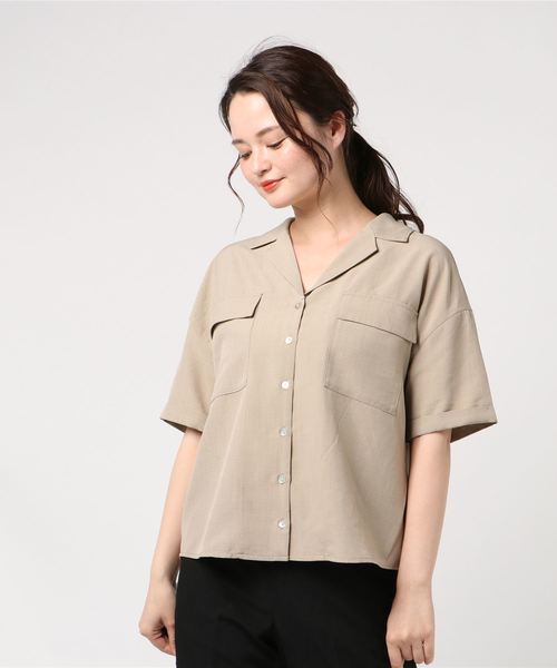 DISCOAT（ディスコート）の「リネンタッチ両ポケ開襟シャツ（シャツ/ブラウス・レディース・ベージュ/オフホワイト/カーキ・MEDIUM/LARGE）」の9枚目の写真