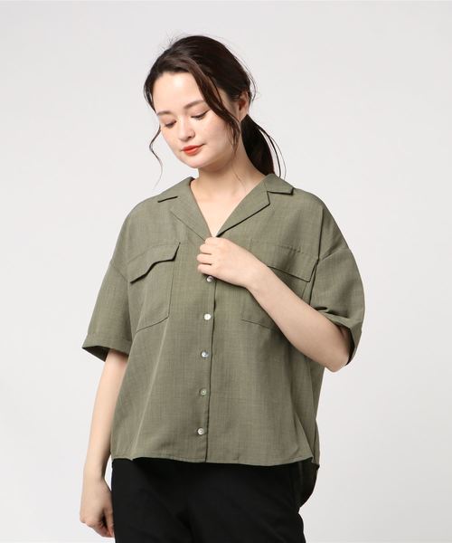 DISCOAT（ディスコート）の「リネンタッチ両ポケ開襟シャツ（シャツ/ブラウス・レディース・ベージュ/オフホワイト/カーキ・MEDIUM/LARGE）」の7枚目の写真