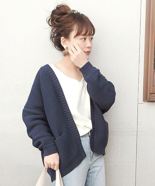 Azul Encanto アズールエンカント の 洗濯機で洗える コットン混素材 ガーター編みビックニットカーディガン カーディガン ボレロ Wear