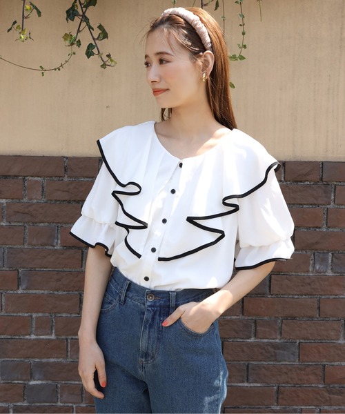 one after another NICE CLAUP（ワンアフターアナザーナイスクラップ）の「パイピングフリルブラウス（シャツ/ブラウス・レディース・ブラック/オフホワイト・FREE）」の7枚目の写真