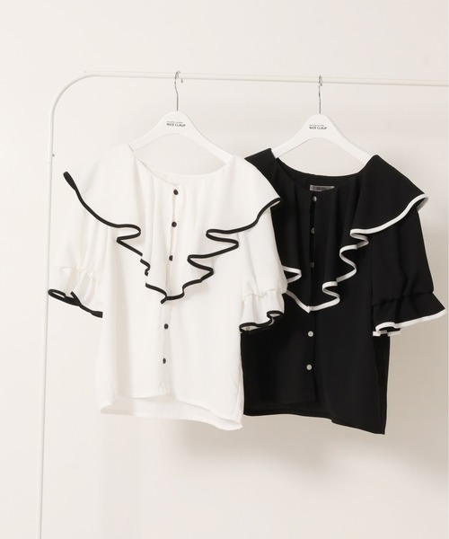 one after another NICE CLAUP（ワンアフターアナザーナイスクラップ）の「パイピングフリルブラウス（シャツ/ブラウス・レディース・ブラック/オフホワイト・FREE）」の4枚目の写真