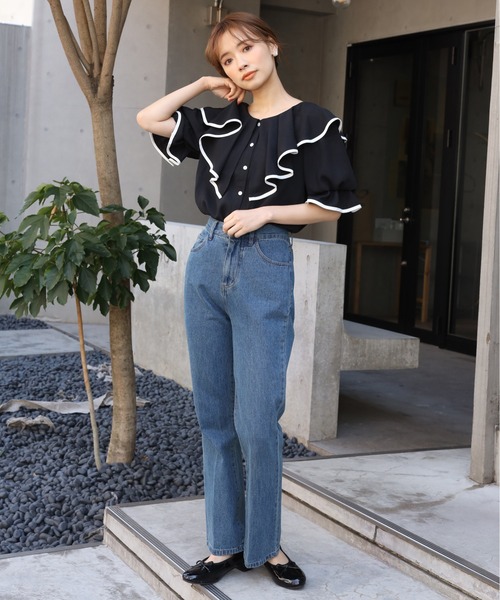 one after another NICE CLAUP（ワンアフターアナザーナイスクラップ）の「パイピングフリルブラウス（シャツ/ブラウス・レディース・ブラック/オフホワイト・FREE）」の3枚目の写真