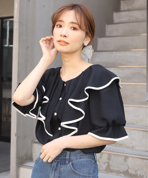 one after another NICE CLAUP（ワンアフターアナザーナイスクラップ）の「パイピングフリルブラウス（シャツ/ブラウス・レディース・ブラック/オフホワイト・FREE）」の15枚目の写真
