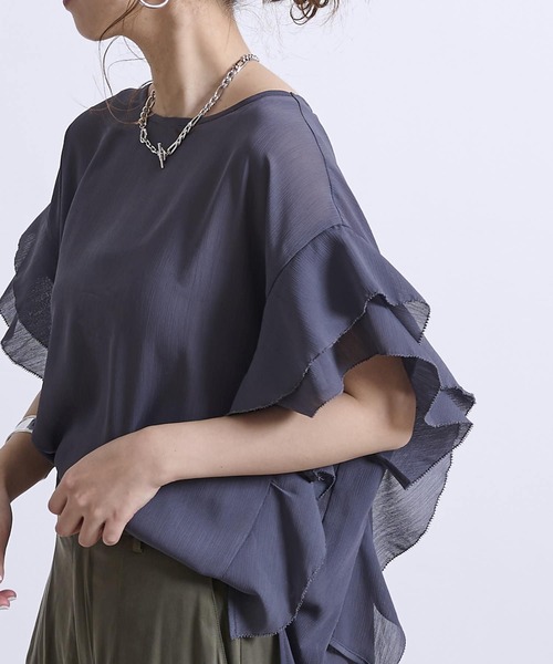 DouDou(ドゥドゥ)の「【WEB限定】シフォン楊柳フリルブラウス(シャツ/ブラウス・レディース・チャコールグレー/ブラック/オフホワイト・FREE)」の3枚目の写真