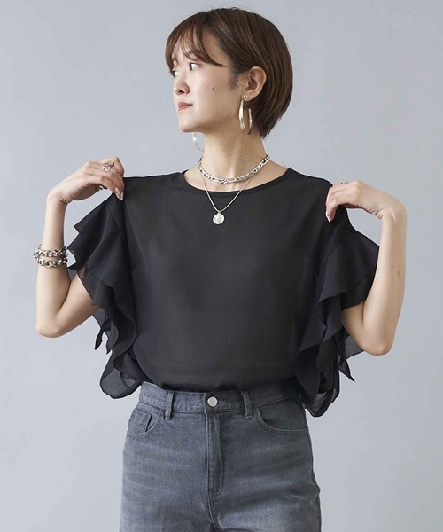 DouDou(ドゥドゥ)の「【WEB限定】シフォン楊柳フリルブラウス(シャツ/ブラウス・レディース・チャコールグレー/ブラック/オフホワイト・FREE)」の2枚目の写真