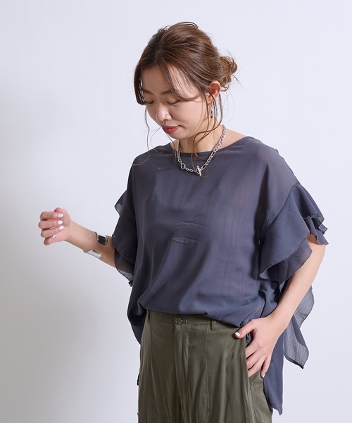 DouDou(ドゥドゥ)の「【WEB限定】シフォン楊柳フリルブラウス(シャツ/ブラウス・レディース・チャコールグレー/ブラック/オフホワイト・FREE)」の10枚目の写真