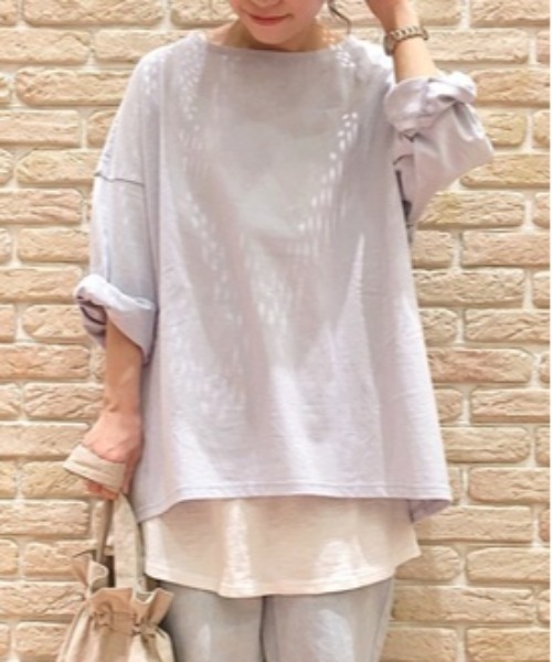 Samansa Mos2(サマンサ モスモス)の「レイヤードゆるロングTシャツセット(Tシャツ/カットソー・レディース・ブラウン/ネイビー/サックスブルー/チャコール/ピンク/ベージュ・フリ-)」の5枚目の写真