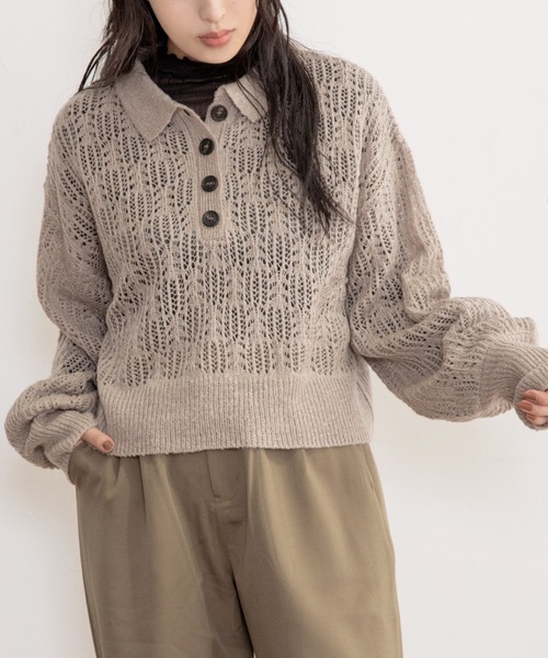 Mysa&Liina(ミーサリーナ)の「スカシ柄ショート丈ニット(ニット/セーター・レディース・ブラック/ブルー/グレイッシュベージュ・M)」の1枚目の写真