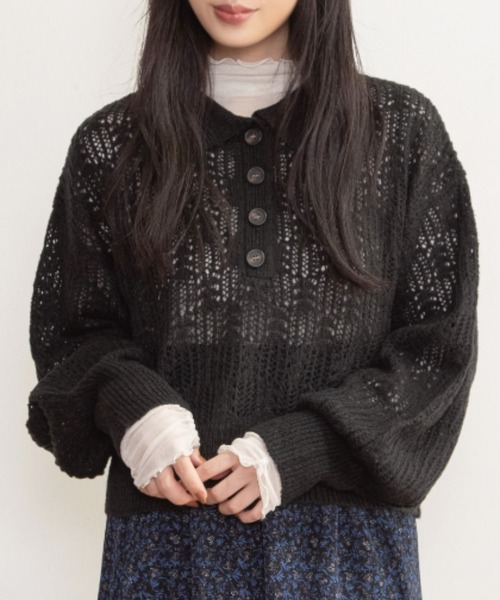 Mysa&Liina(ミーサリーナ)の「スカシ柄ショート丈ニット(ニット/セーター・レディース・ブラック/ブルー/グレイッシュベージュ・M)」の2枚目の写真