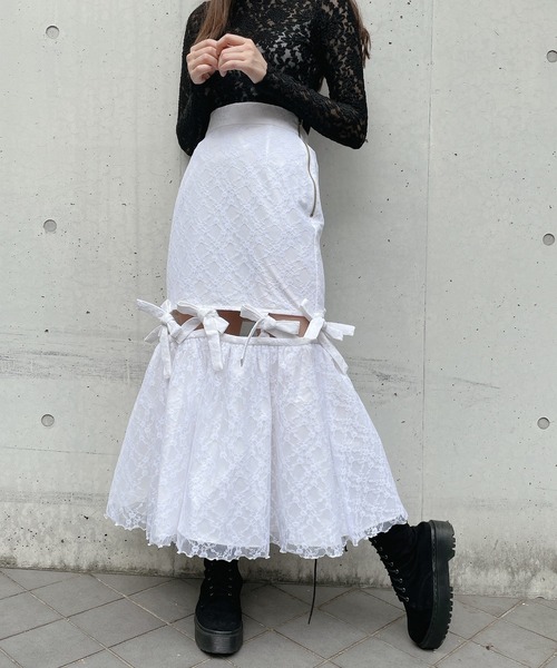 PAIN(ペイン)の「レースリボンロングスカート(スカート・レディース・ホワイト/ブラック/ピンク/ブルー・FREE)」の2枚目の写真