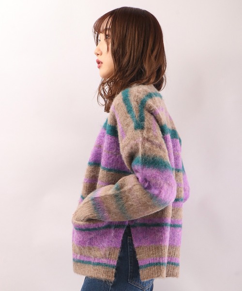 EACH.（イーチ）の「【EACH】OVERSIZED STRIPE CD　ストライプニットカーディガン オーバーサイズ ビッグシルエット（カーディガン/ボレロ・レディース・ブラウン/グリーン・FREE）」の5枚目の写真