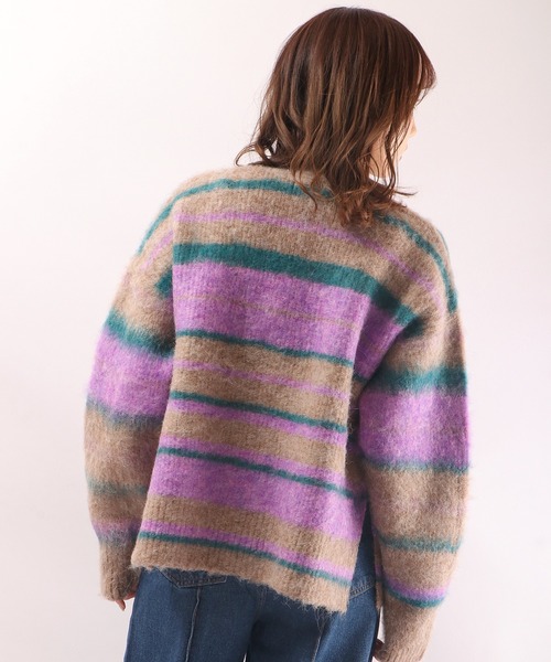 EACH.（イーチ）の「【EACH】OVERSIZED STRIPE CD　ストライプニットカーディガン オーバーサイズ ビッグシルエット（カーディガン/ボレロ・レディース・ブラウン/グリーン・FREE）」の6枚目の写真