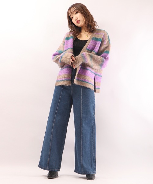 EACH.（イーチ）の「【EACH】OVERSIZED STRIPE CD　ストライプニットカーディガン オーバーサイズ ビッグシルエット（カーディガン/ボレロ・レディース・ブラウン/グリーン・FREE）」の7枚目の写真