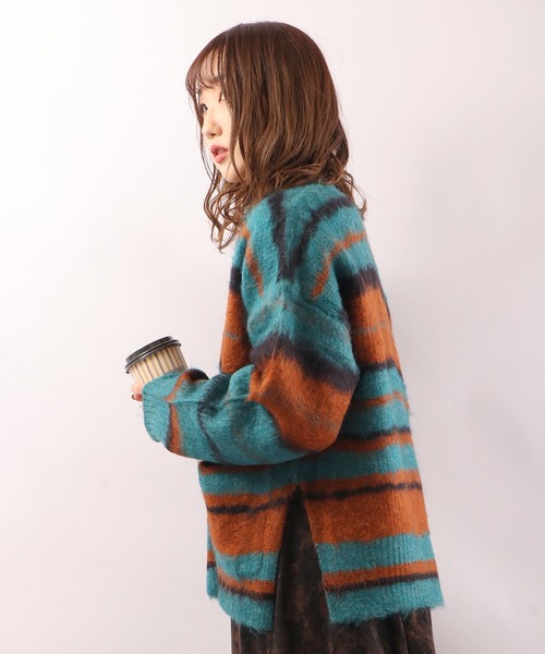 EACH.（イーチ）の「【EACH】OVERSIZED STRIPE CD　ストライプニットカーディガン オーバーサイズ ビッグシルエット（カーディガン/ボレロ・レディース・ブラウン/グリーン・FREE）」の11枚目の写真