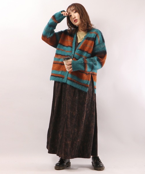 EACH.（イーチ）の「【EACH】OVERSIZED STRIPE CD　ストライプニットカーディガン オーバーサイズ ビッグシルエット（カーディガン/ボレロ・レディース・ブラウン/グリーン・FREE）」の13枚目の写真