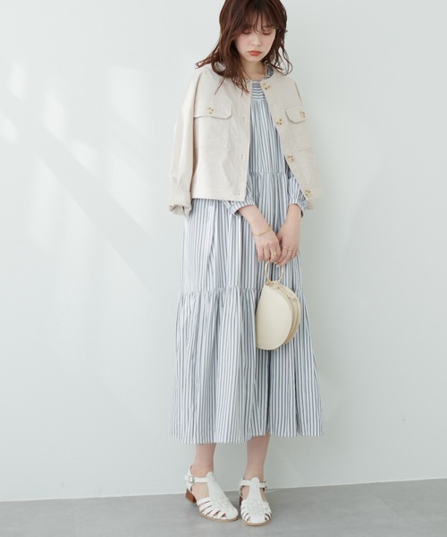 natural couture(ナチュラルクチュール)の「綿麻ノーカラー7分袖ショートブルゾン(ブルゾン・レディース・ライトベージュ/オフホワイト/スミクロ・FREE)」の9枚目の写真