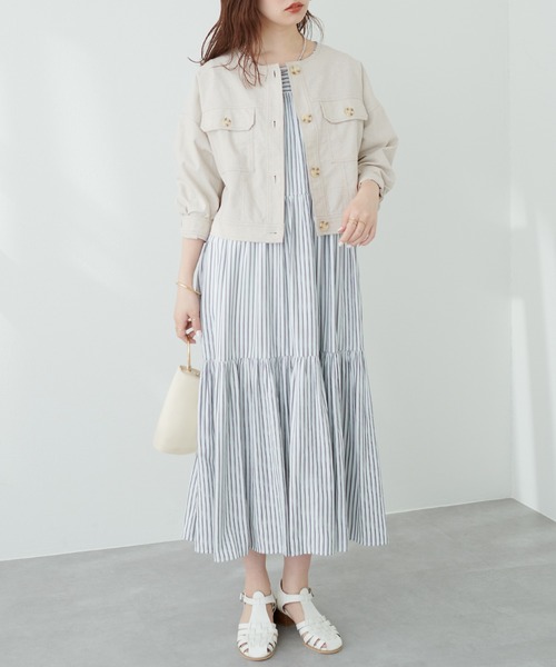 natural couture(ナチュラルクチュール)の「綿麻ノーカラー7分袖ショートブルゾン(ブルゾン・レディース・ライトベージュ/オフホワイト/スミクロ・FREE)」の10枚目の写真