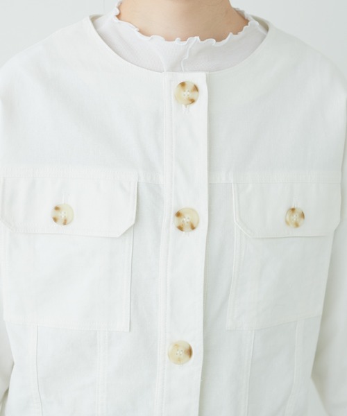 natural couture(ナチュラルクチュール)の「綿麻ノーカラー7分袖ショートブルゾン(ブルゾン・レディース・ライトベージュ/オフホワイト/スミクロ・FREE)」の18枚目の写真