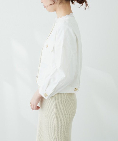 natural couture(ナチュラルクチュール)の「綿麻ノーカラー7分袖ショートブルゾン(ブルゾン・レディース・ライトベージュ/オフホワイト/スミクロ・FREE)」の16枚目の写真