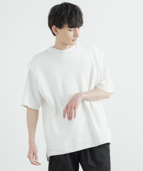 Audience（オーディエンス）の「日本製 オーバーサイズ ストレッチ鹿の子ダブルフェイスベスト AUD7141（ベスト・メンズ・ネイビー/アイボリー/ブラック/オリーブ・L/M）」の5枚目の写真