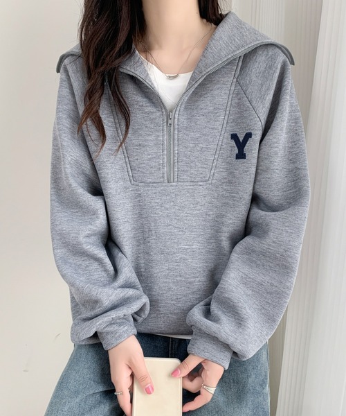 ABITOKYO(アビトーキョー)の「ハーフジップワンポイントロゴ刺繍裏起毛トレーナー(スウェット・レディース・グレー/ブルーグレー/チャコールグレー/ネイビー/ブラック/ダークグレー/ホワイト・FREE)」の6枚目の写真