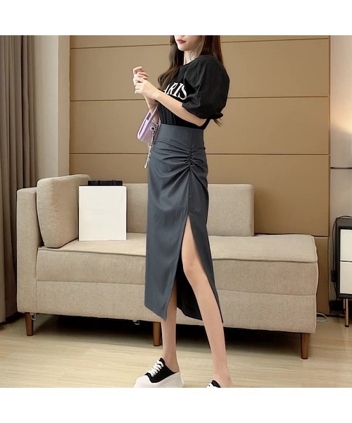 PRIVATE  BEACH（プライベートビーチ）の「ウエストギャザーデザインサイドスリットスカート（スカート・レディース・ブラック/グレー・S/M/L）」の6枚目の写真