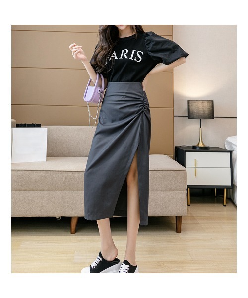 PRIVATE  BEACH（プライベートビーチ）の「ウエストギャザーデザインサイドスリットスカート（スカート・レディース・ブラック/グレー・S/M/L）」の8枚目の写真