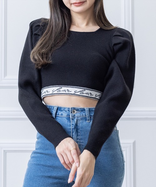 clear(クリア)の「スクエアネック裾ロゴニットトップス(ニット/セーター・レディース・ブラック/オフホワイト/グリーン・F)」の1枚目の写真