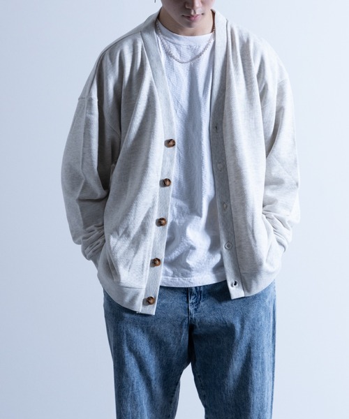 NYLAUS（ナイラス）の「CVC裏毛 5B Vネック スウェット ルーズカーディガン（カーディガン/ボレロ・メンズ・ブラック/ブルー/グリーン/オートミール/オレンジ/イエロー・M/LL/L）」の3枚目の写真