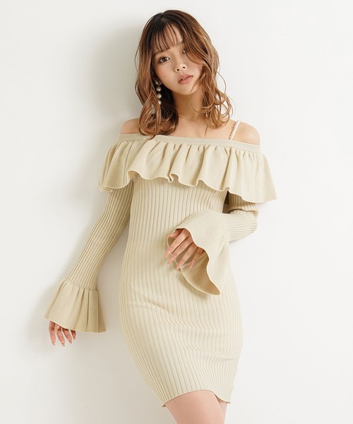 Diable baiser(ディアブルベーゼ)の「パールフリルタイトワンピース(ワンピース・レディース・ブラック/ベージュ・MEDIUM/X-LARGE/LARGE)」の2枚目の写真
