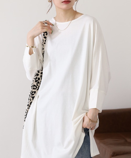atONE（アットワン）の「atONE ラウンドネックロングTシャツ 七分袖（Tシャツ/カットソー・レディース・グレイッシュベージュ/ブラック/オフホワイト・M-L/LL～3L/4L～5L）」の18枚目の写真
