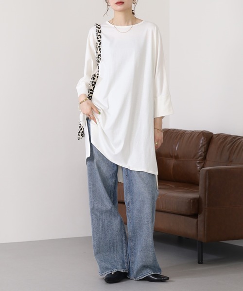 atONE（アットワン）の「atONE ラウンドネックロングTシャツ 七分袖（Tシャツ/カットソー・レディース・グレイッシュベージュ/ブラック/オフホワイト・M-L/LL～3L/4L～5L）」の22枚目の写真