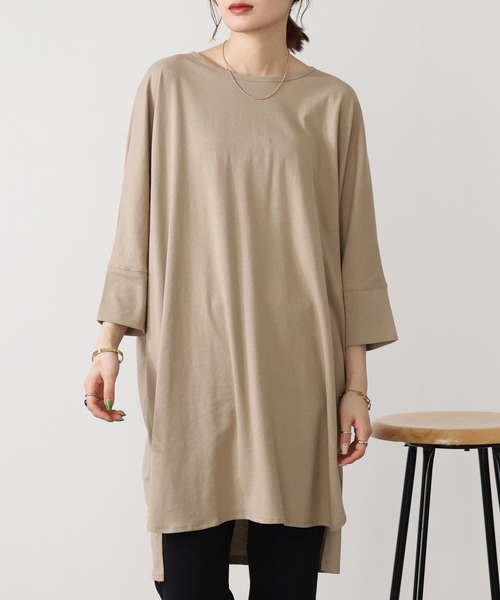 atONE（アットワン）の「atONE ラウンドネックロングTシャツ 七分袖（Tシャツ/カットソー・レディース・グレイッシュベージュ/ブラック/オフホワイト・M-L/LL～3L/4L～5L）」の12枚目の写真